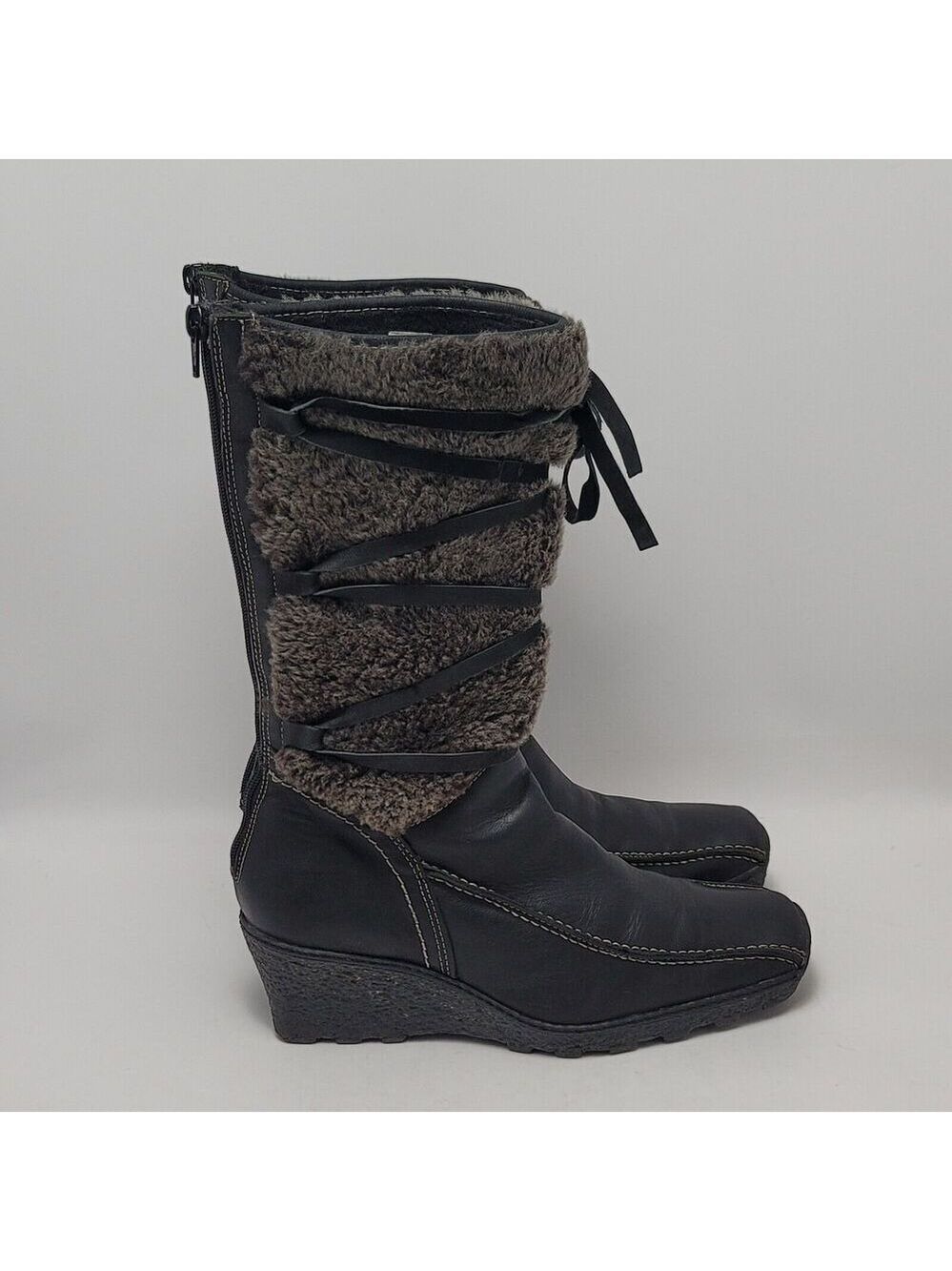 Jack & Lucky Womens Leather Fur Lace Up Back Zipper Low Wedge Tall Boots Size 39